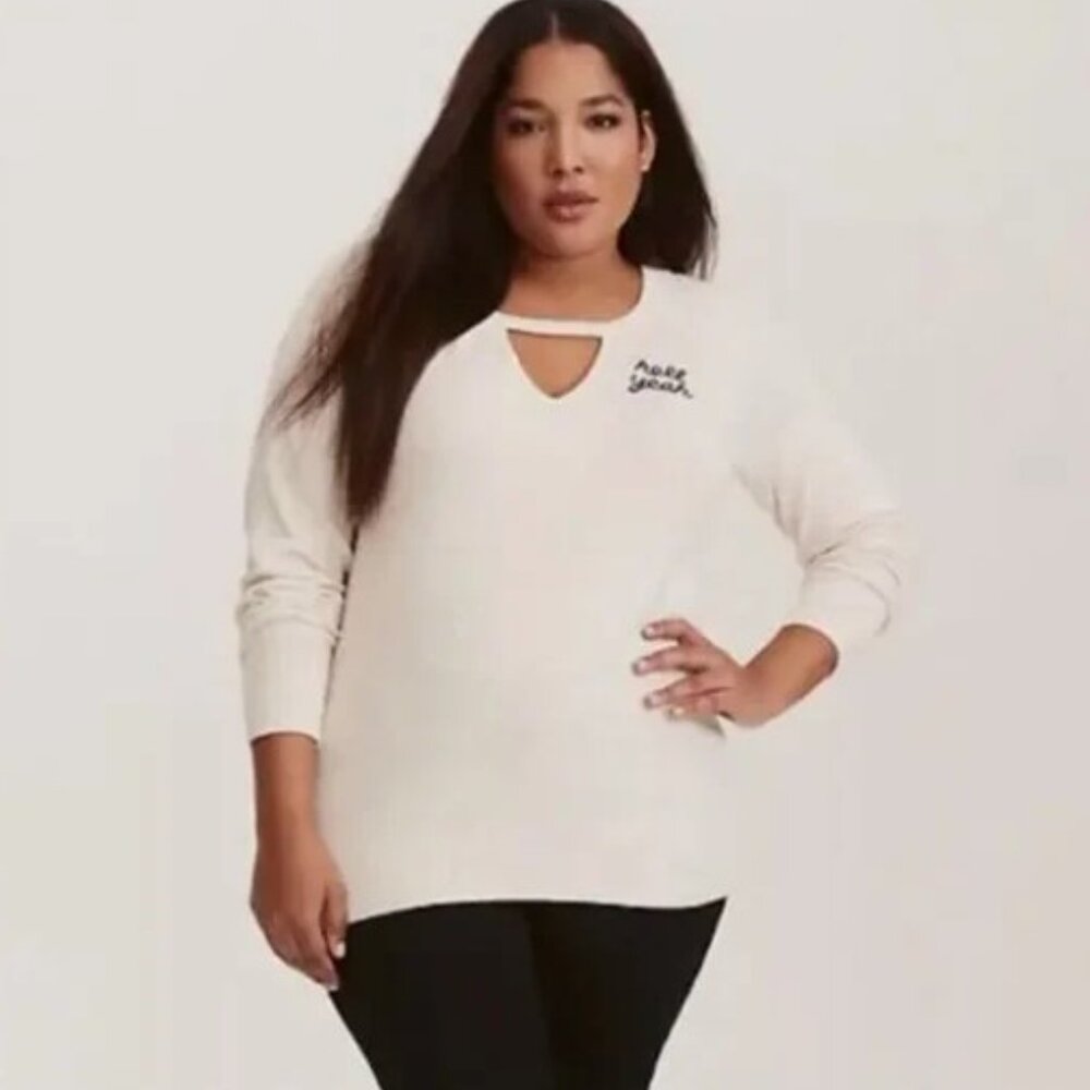 Torrid 'Hell Yeah' Ivory Cotton Neckline Cutout Sweater, Women's size 3 or 22/24
